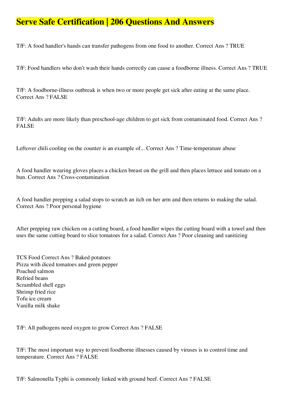 Preview image of Serve Safe Certification | 206 Questions And Answers document